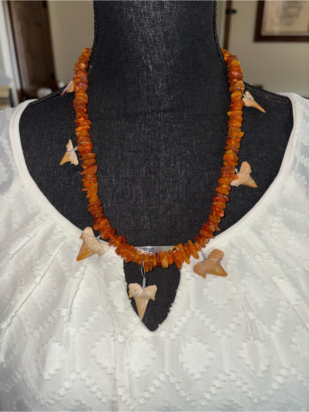 Amber Chip Necklace with Shark Tooth Charms - Orange 12 1/2 inches
